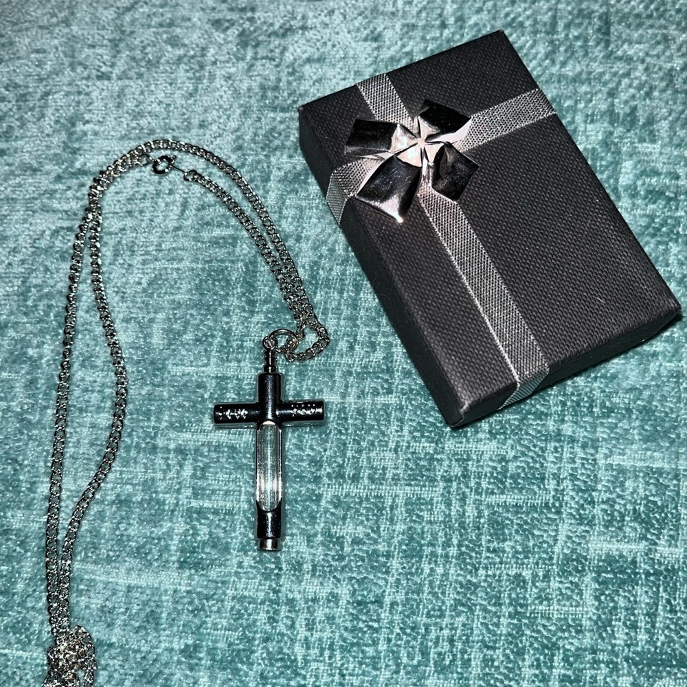 Silver Cross Pendant Necklace - Clear Glass Accent Cremation Necklace